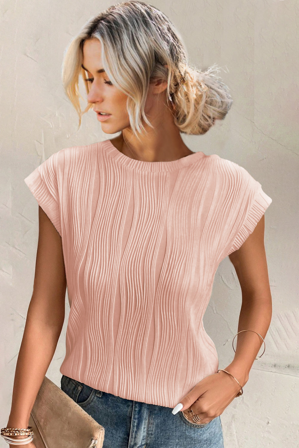 Wavy Textured Cap Sleeve Top - ThingsWeUseAndLove 