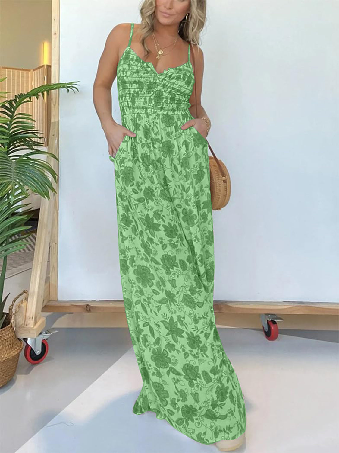 Printed Spaghetti Strap Wide Leg Jumpsuit - ThingsWeUseAndLove Green-3XL