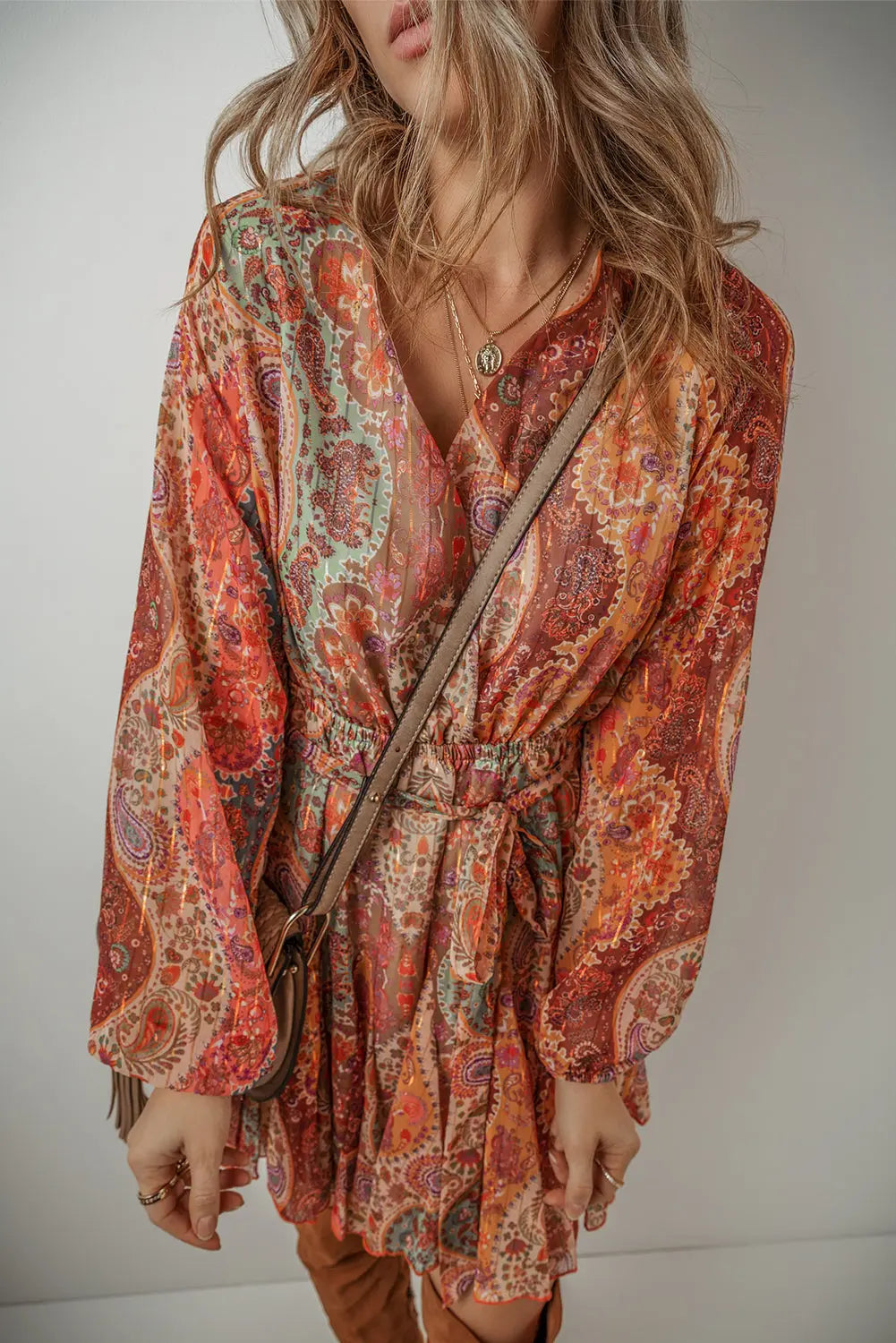 Orange Boho Paisley Print Long Sleeve Pleated Belted Mini Dress - ThingsWeUseAndLove 