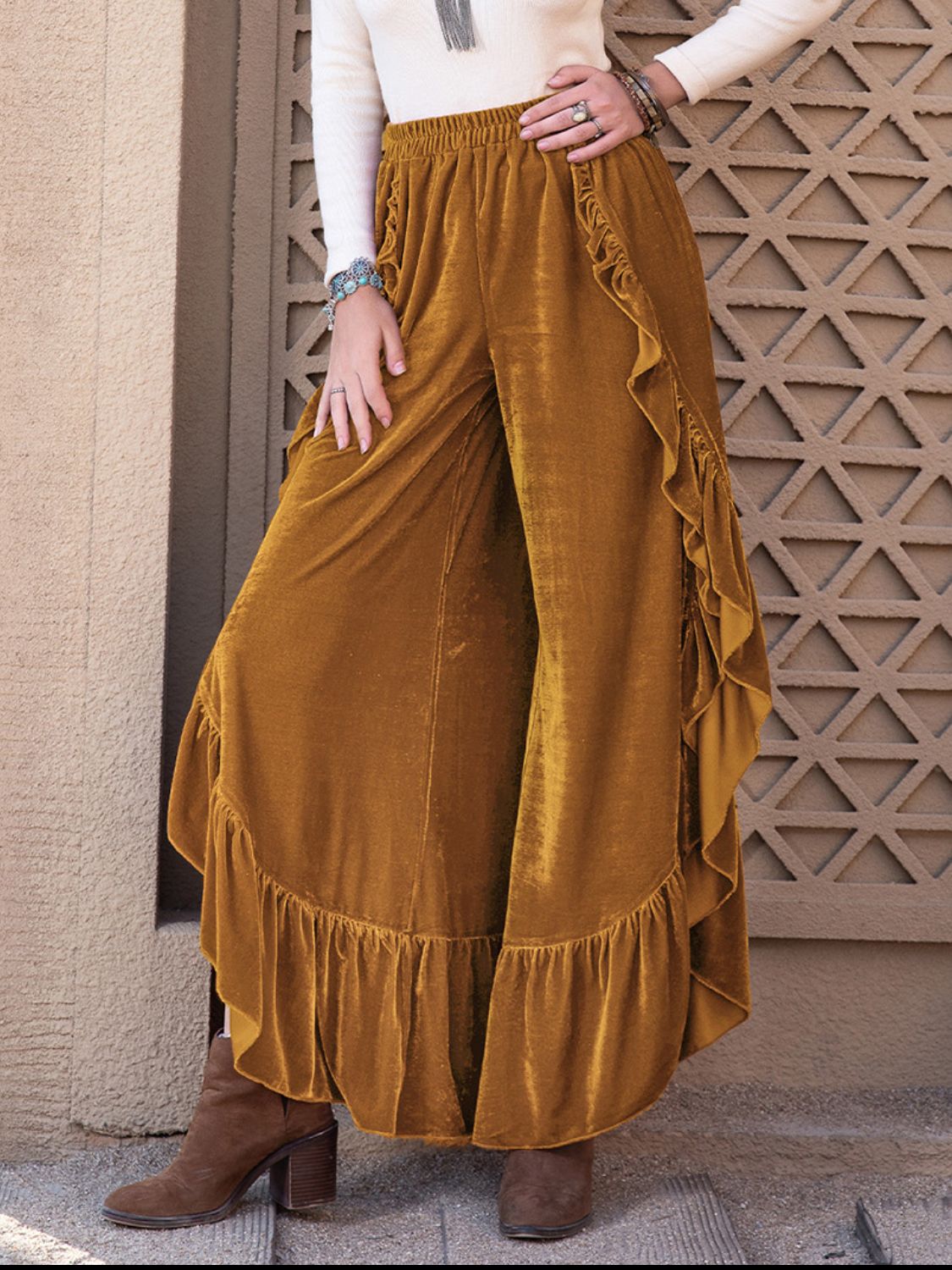 Lupe Slit Ruffled Wide Leg Pants - ThingsWeUseAndLove Caramel-XL