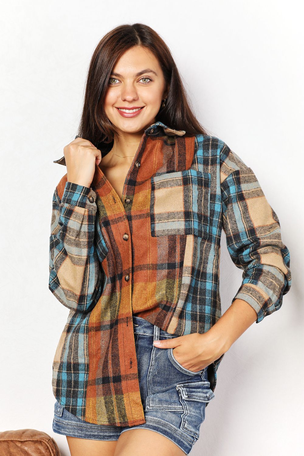 Plaid Curved Hem Shirt Jacket with Breast Pockets - ThingsWeUseAndLove 