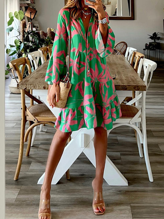 Printed Notched Long Sleeve Mini Dress - ThingsWeUseAndLove Green-XL