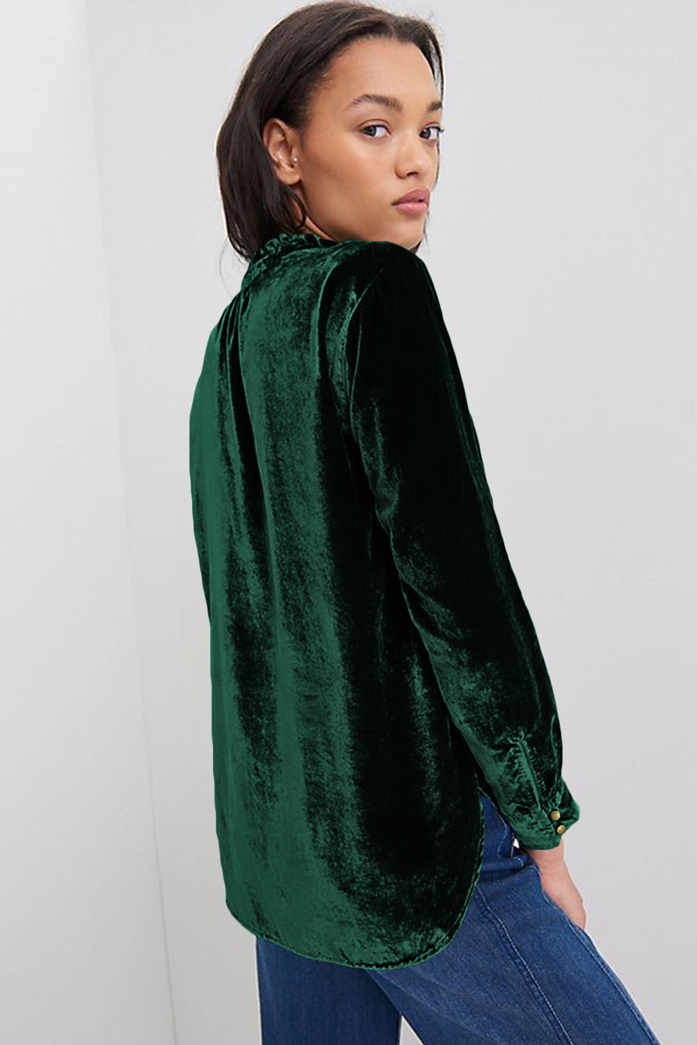 Frilled Neck Buttoned Front Velvet Top - ThingsWeUseAndLove 