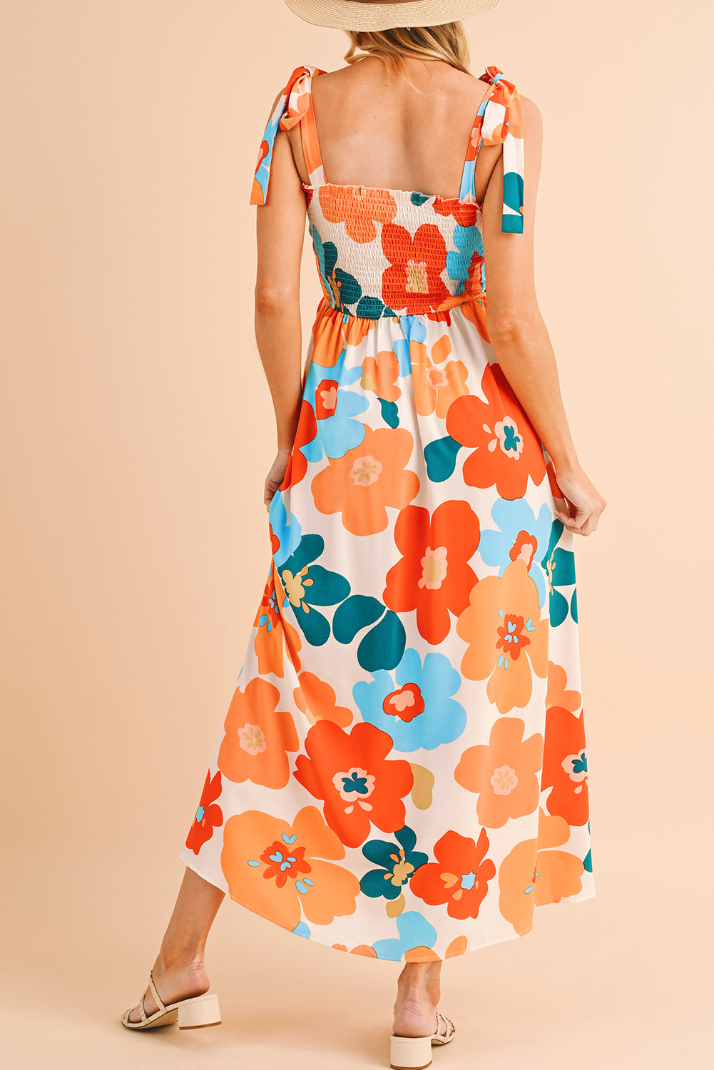 Orange 60s Floral Printed Shoulder Tie Smocked Maxi Dress - ThingsWeUseAndLove 