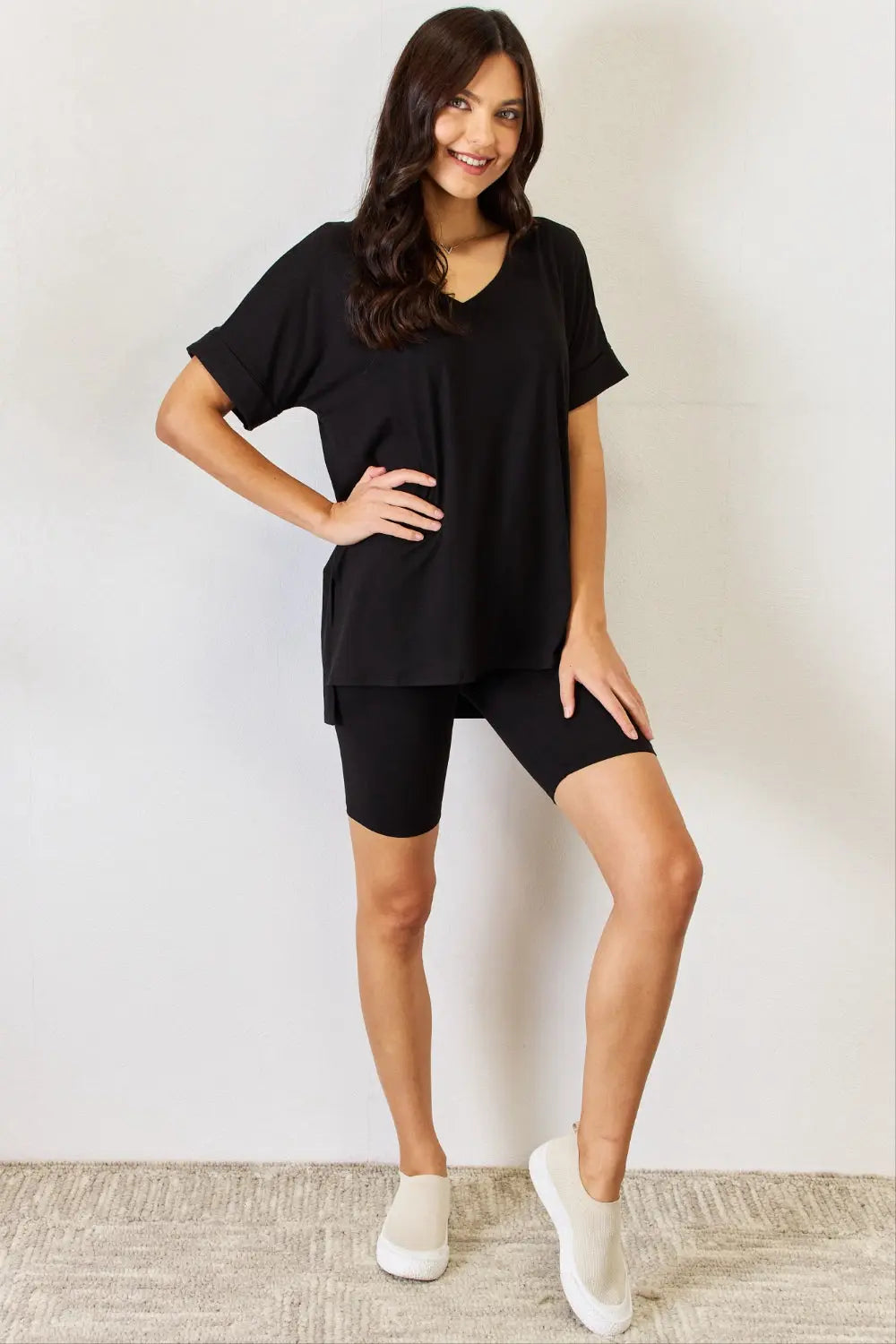 V-Neck Short Sleeve Slit T-Shirt and Shorts Set - ThingsWeUseAndLove 