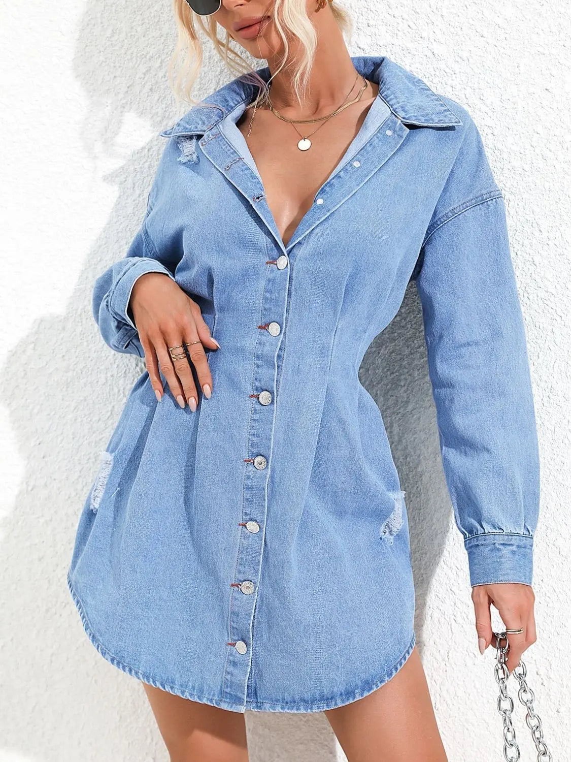 Danna Distressed Button Up Long Sleeve Denim Dress - ThingsWeUseAndLove 