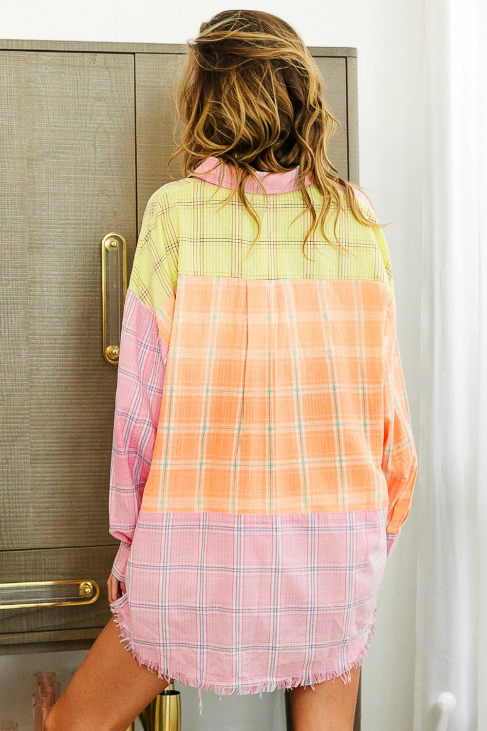 BiBi Plaid Color Block Raw Hem Shirt - ThingsWeUseAndLove 