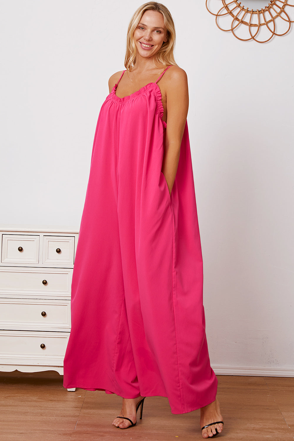 Double Take Full Size Ruffle Trim Tie Back Cami Jumpsuit with Pockets - ThingsWeUseAndLove 