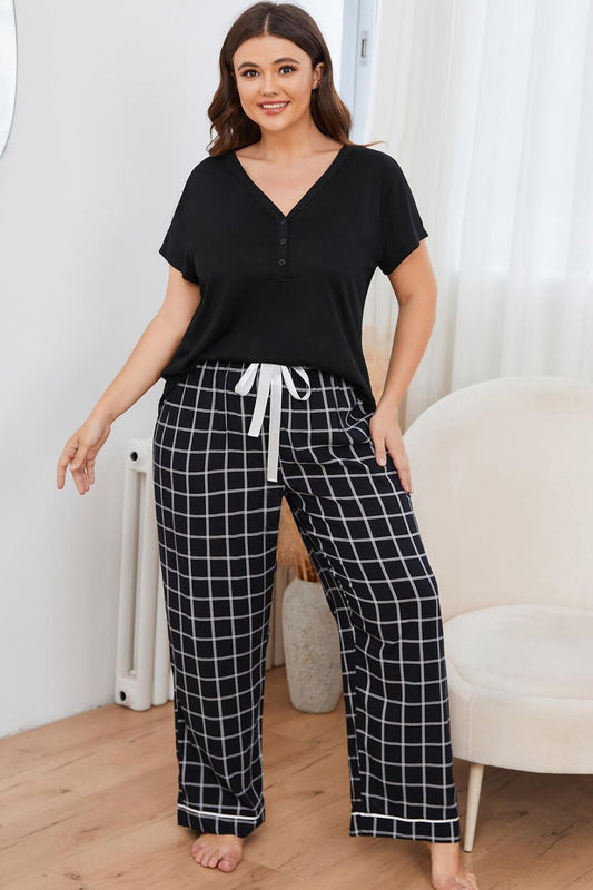 Dreamland Size Inclusive V-Neck Top and Plaid Pants Lounge Set - ThingsWeUseAndLove 