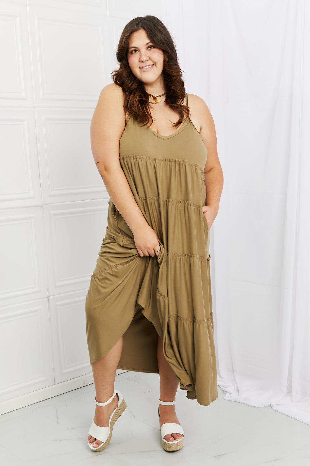 Spaghetti Strap Tiered Dress with Pockets in Khaki - ThingsWeUseAndLove 