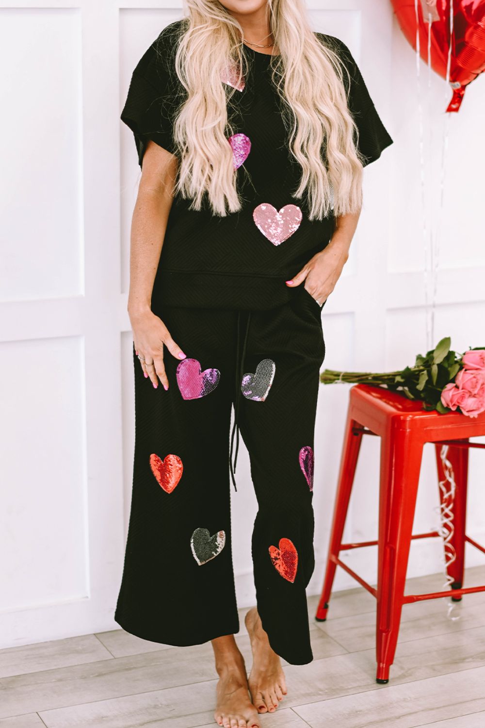 Tobi Short Sleeve Heart Sequin Top and Drawstring Pants Lounge Set - ThingsWeUseAndLove Black-2XL