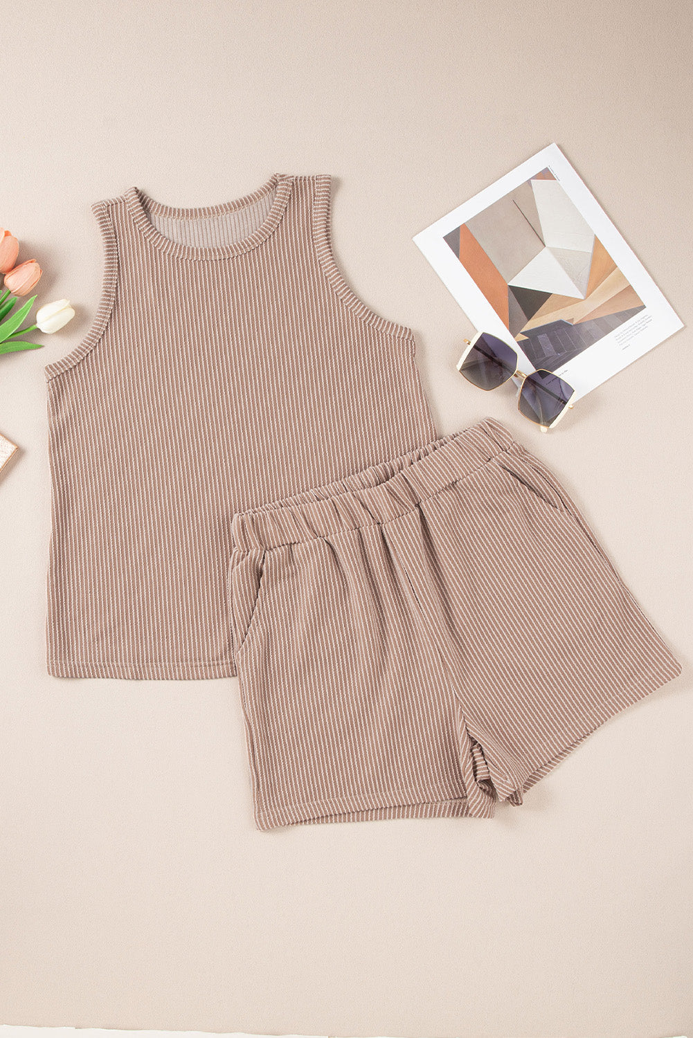 Smoke Gray Corded Sleeveless Top and Pocketed Shorts Set - ThingsWeUseAndLove 