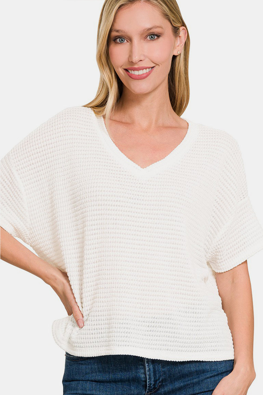 Zenana Drop Shoulder Short Sleeve Jacquard Knit Top - ThingsWeUseAndLove Off-White-L-XL