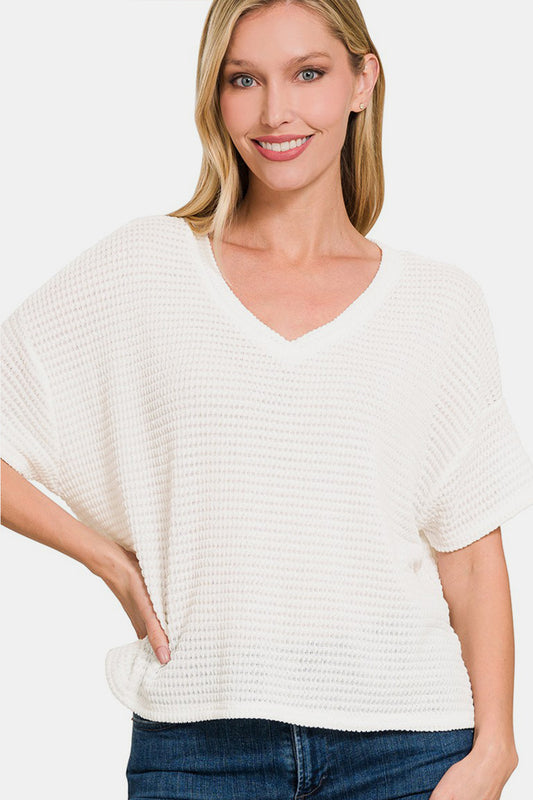 Zenana Drop Shoulder Short Sleeve Jacquard Knit Top - ThingsWeUseAndLove Off-White-L-XL