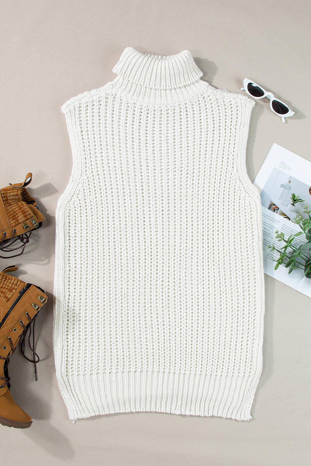 White Turtleneck Knitted Slit Hem Sweater Vest - ThingsWeUseAndLove 