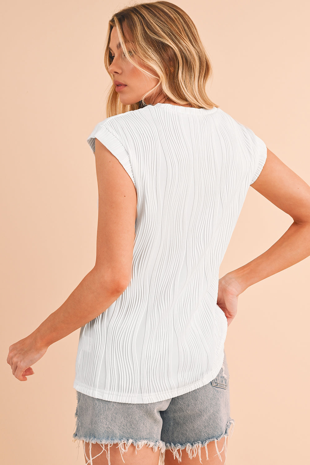 Wavy Textured Cap Sleeve Top - ThingsWeUseAndLove 