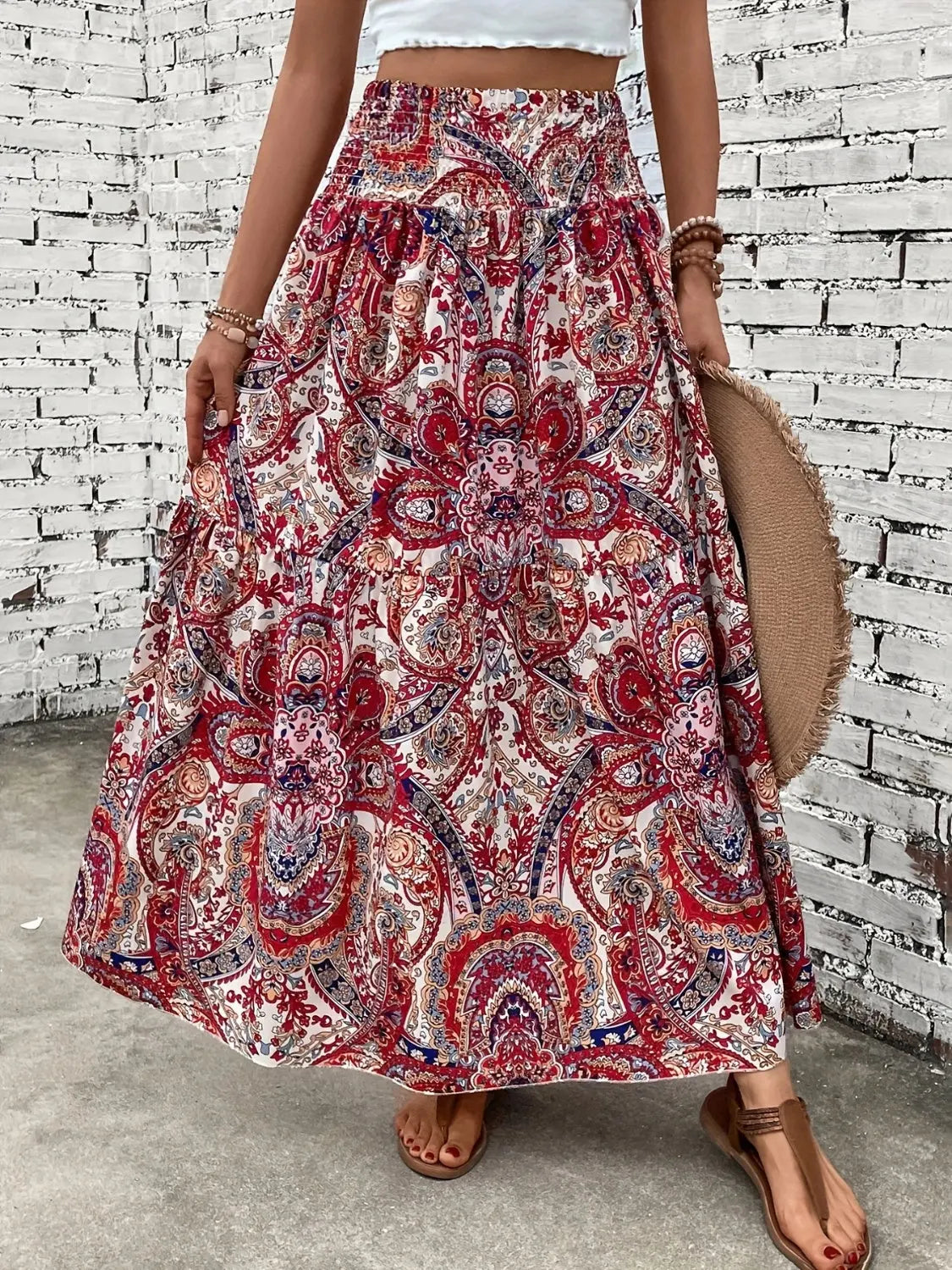 Printed Elastic Waist Maxi Skirt - ThingsWeUseAndLove Deep-Red-2XL