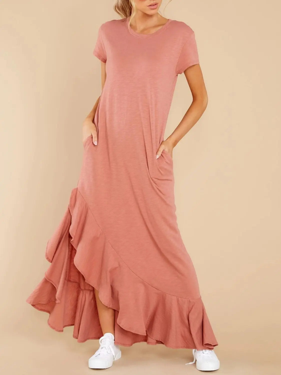 Short Sleeve Slit Round Neck Maxi Dress - ThingsWeUseAndLove 