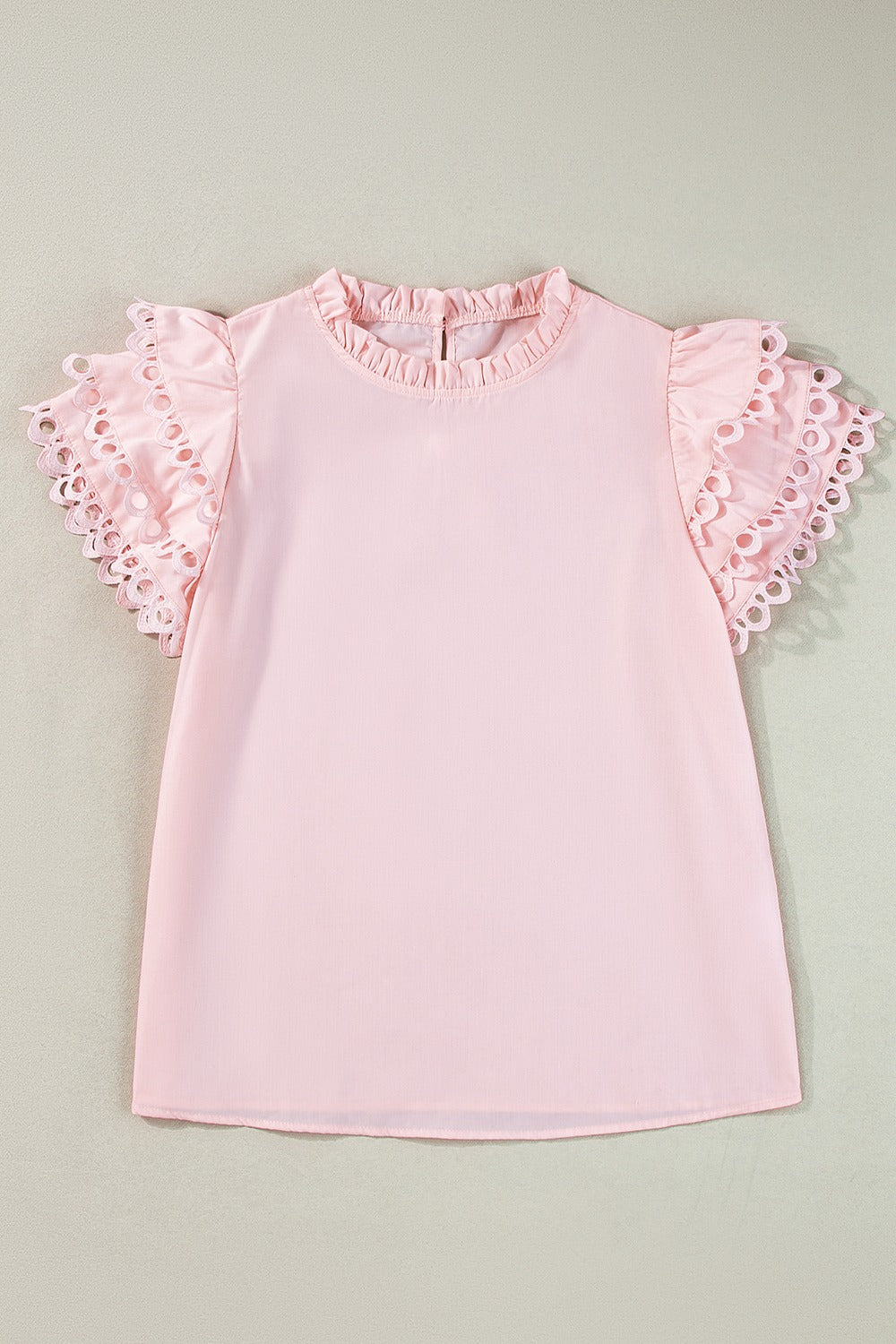 Ruffled Eyelet Round Neck Cap Sleeve Blouse - ThingsWeUseAndLove 