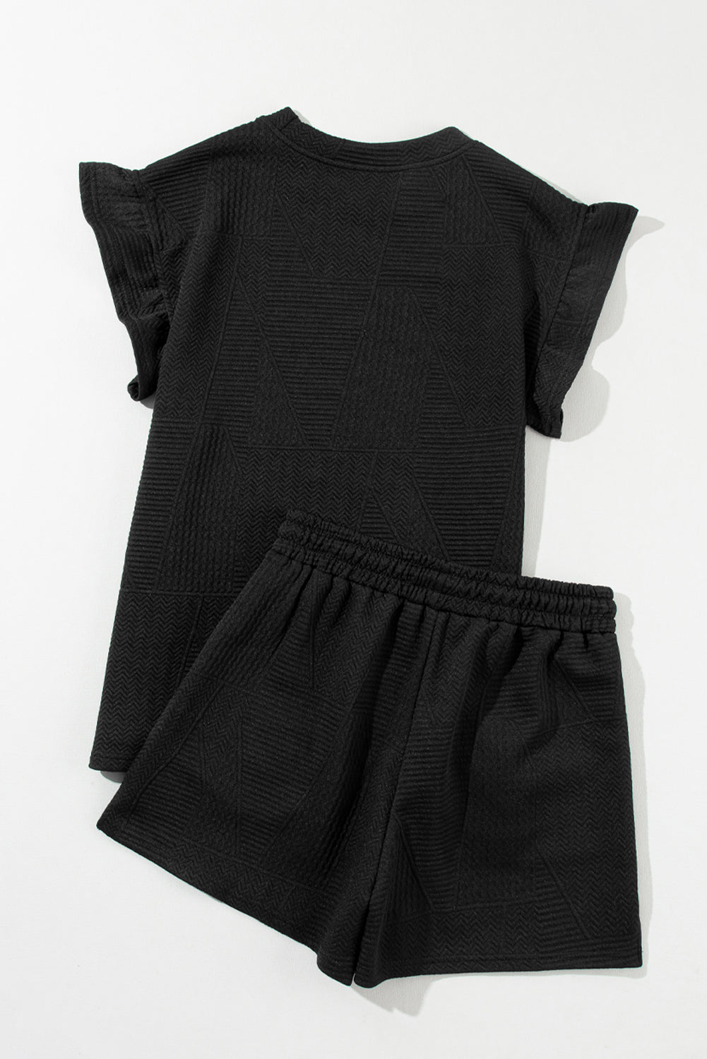 Dark Green Textured Ruffle Split Top and Drawstring Shorts - ThingsWeUseAndLove 