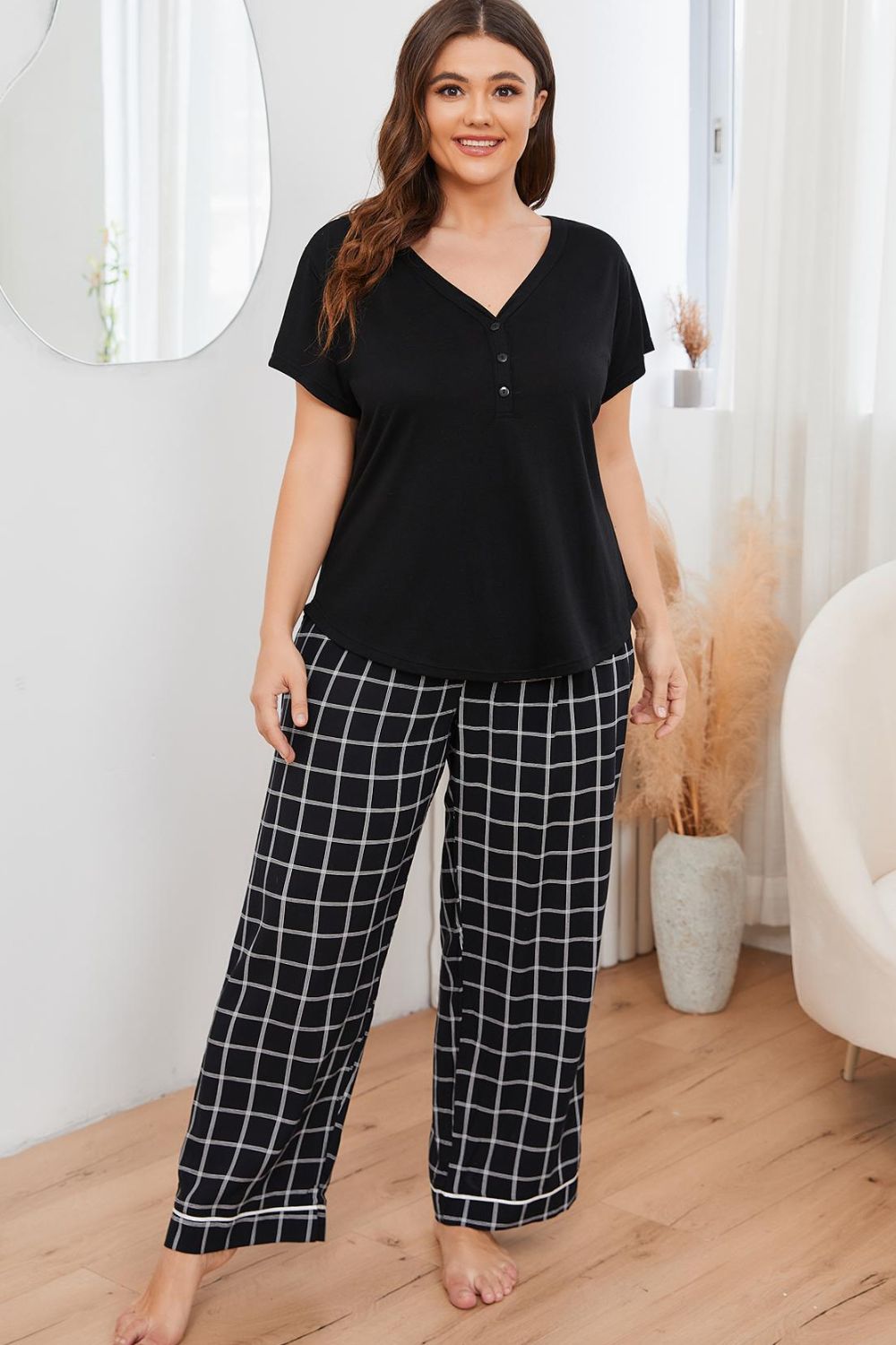 Dreamland Size Inclusive V-Neck Top and Plaid Pants Lounge Set - ThingsWeUseAndLove 