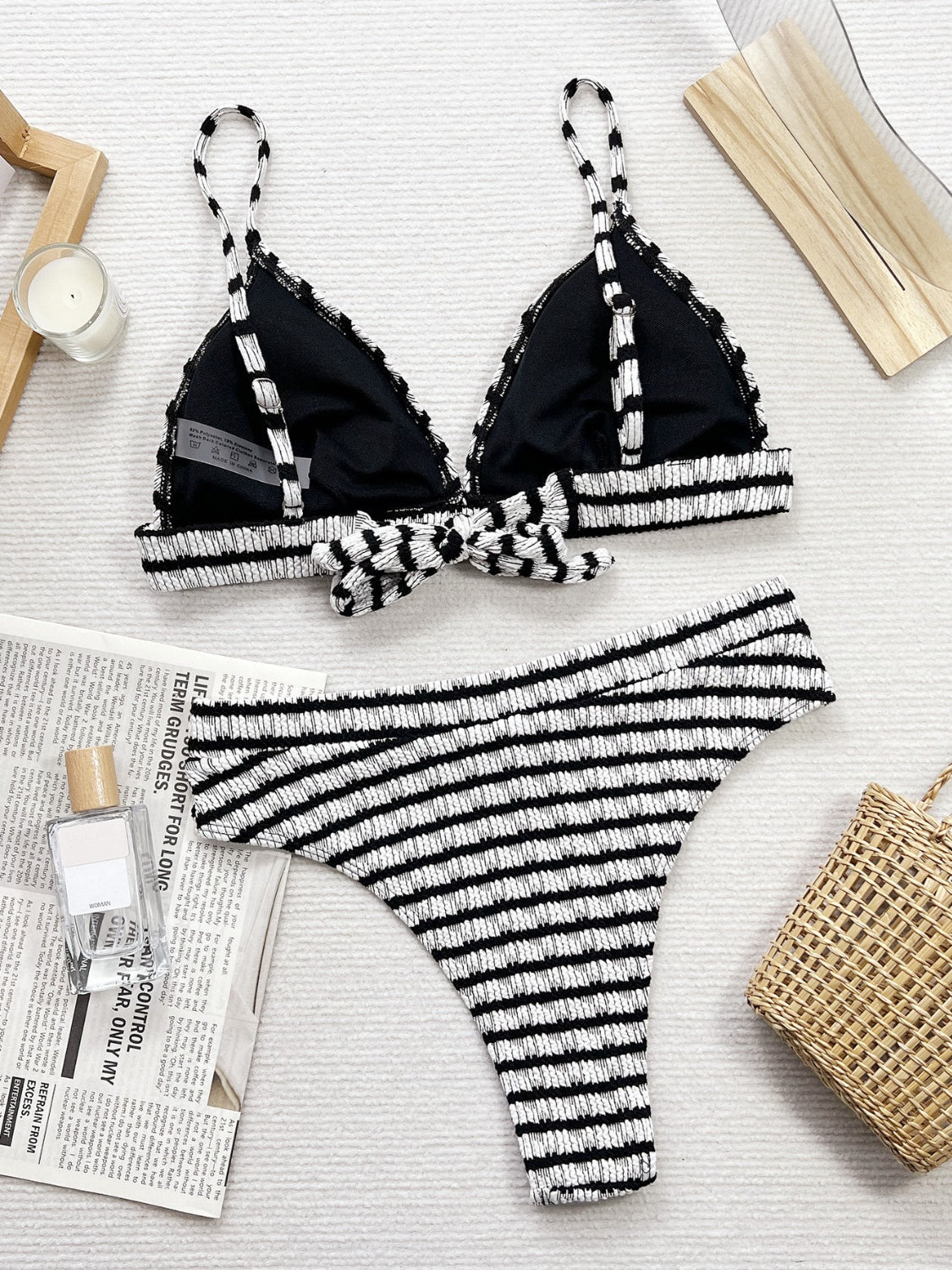 Black & White Striped V-Neck, High-Waist Two-Piece Swim Set - ThingsWeUseAndLove 