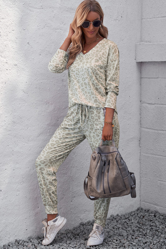 Marlowe Leopard V-Neck Top and Drawstring Joggers Lounge Set - ThingsWeUseAndLove 