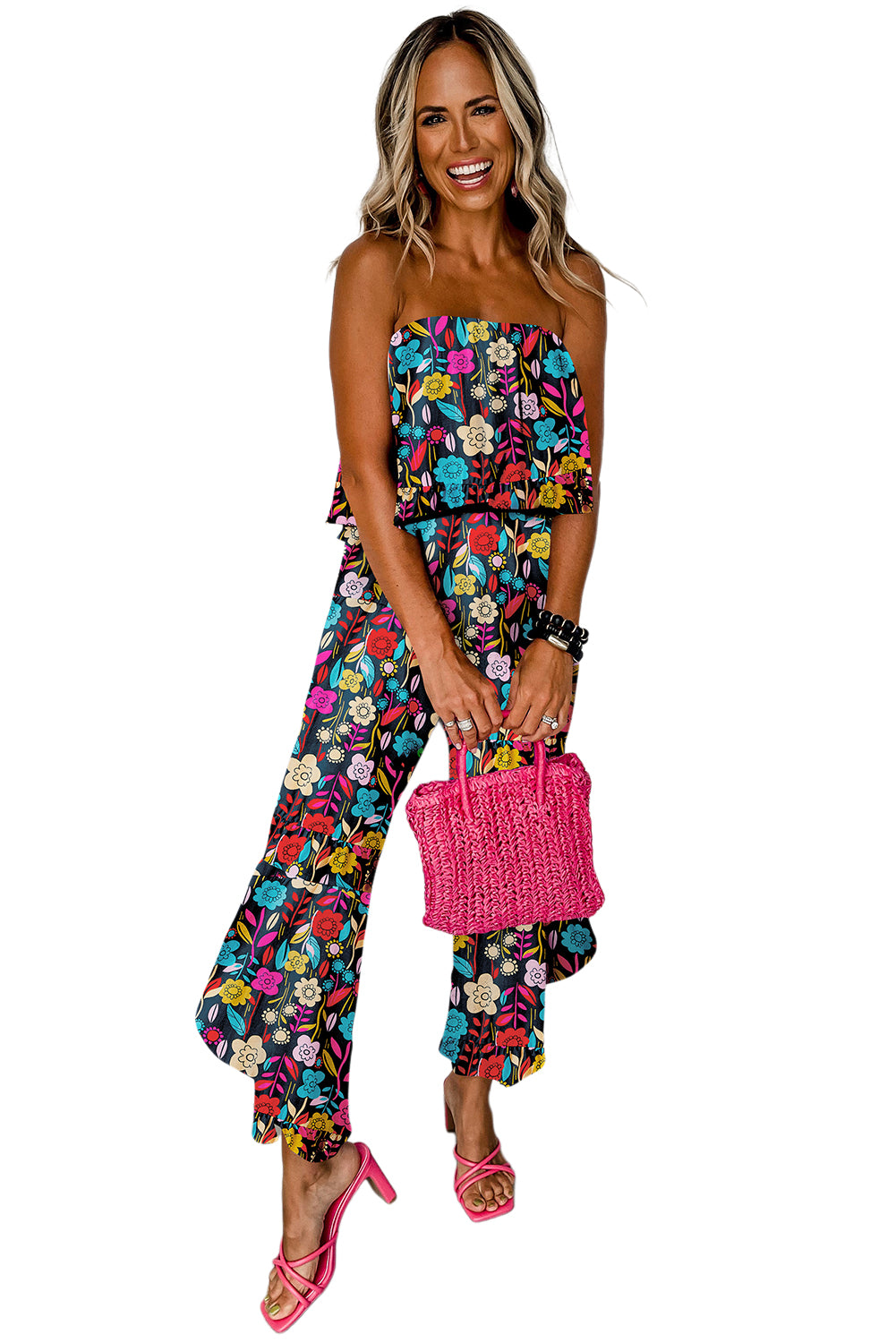 Tropical Print Strapless Ruffle Jumpsuit - ThingsWeUseAndLove 