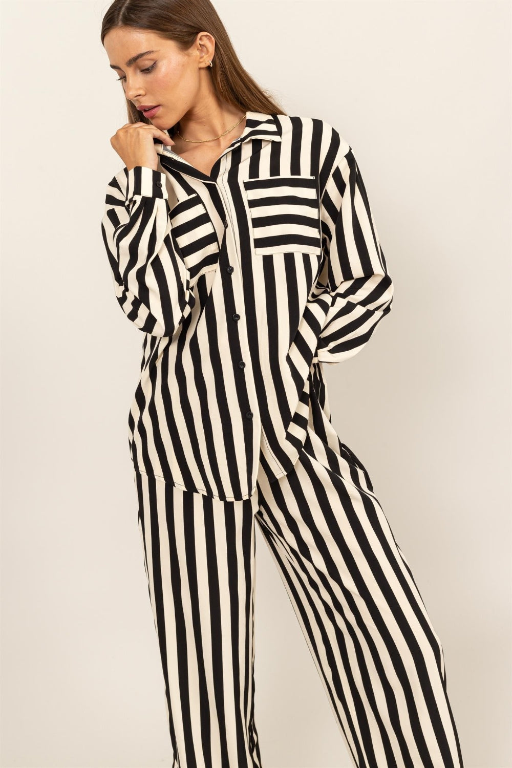 Kyleigh Striped Button Up Shirt and Pants Set - ThingsWeUseAndLove 