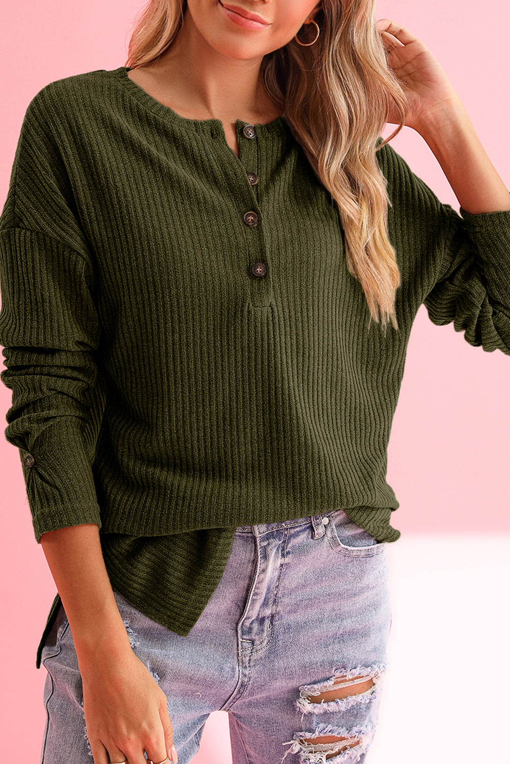 Drop Shoulder Ribbed Knit Long Sleeve Henley Top - ThingsWeUseAndLove Jungle-Green-XL