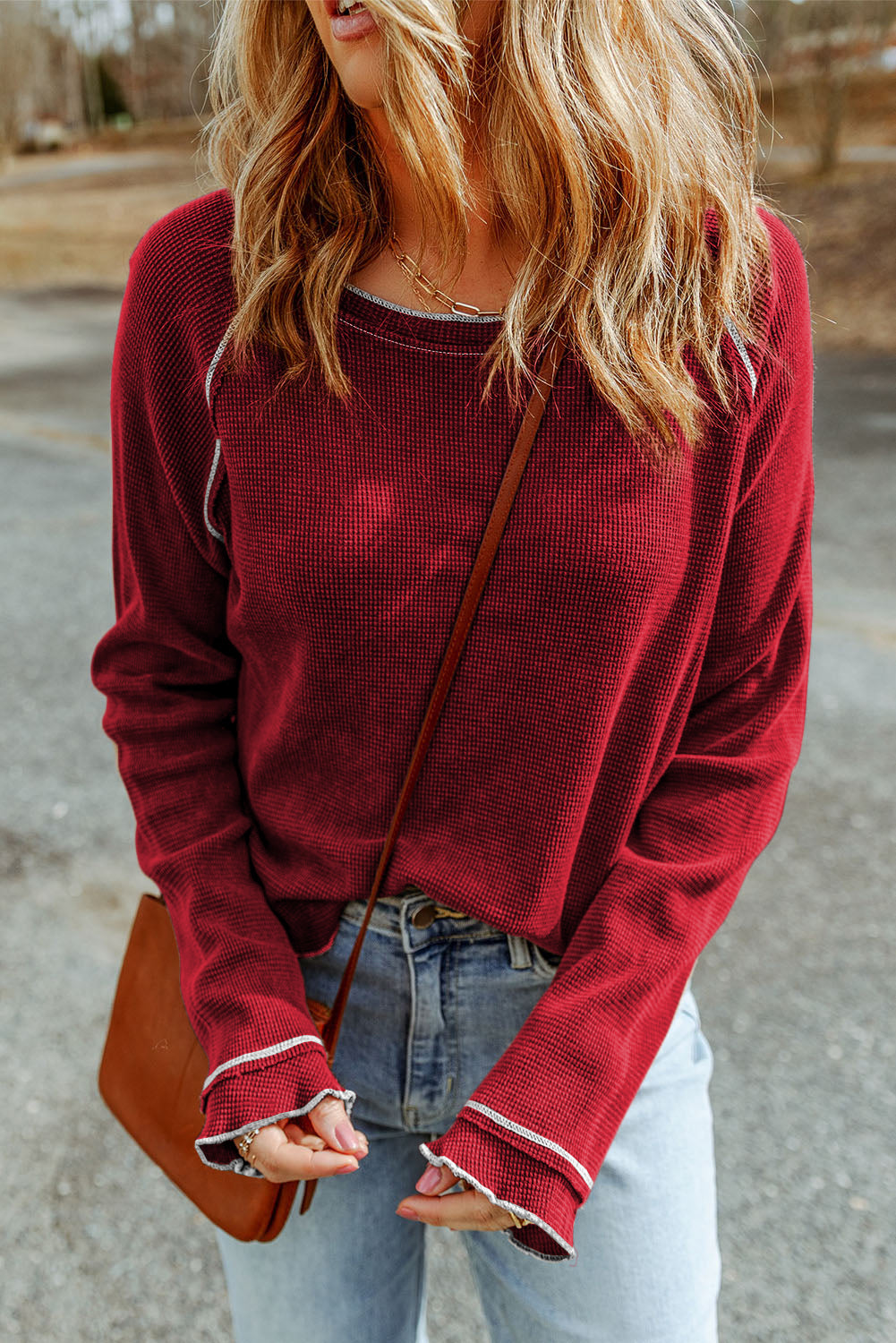 Exposed Seam Textured Pullover Long Sleeve Top - ThingsWeUseAndLove 