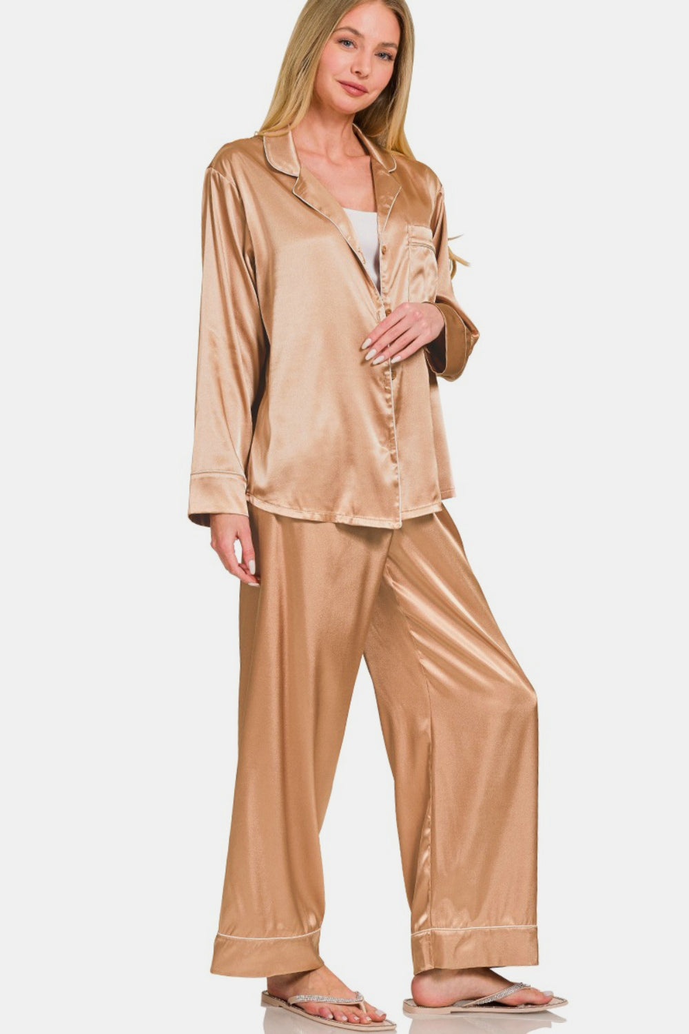 Satin Long Sleeve Shirt and Pants Pajama Set - ThingsWeUseAndLove 