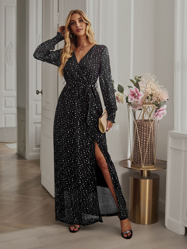 ThingsWeUseAndLove  Women's Elegant V Neck Long Sleeve Waist Midi Dress   