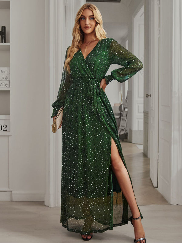 ThingsWeUseAndLove Green-XL Women's Elegant V Neck Long Sleeve Waist Midi Dress   