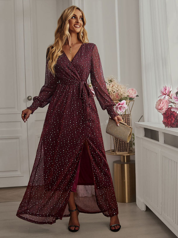 ThingsWeUseAndLove Wine-Red-XL Women's Elegant V Neck Long Sleeve Waist Midi Dress   