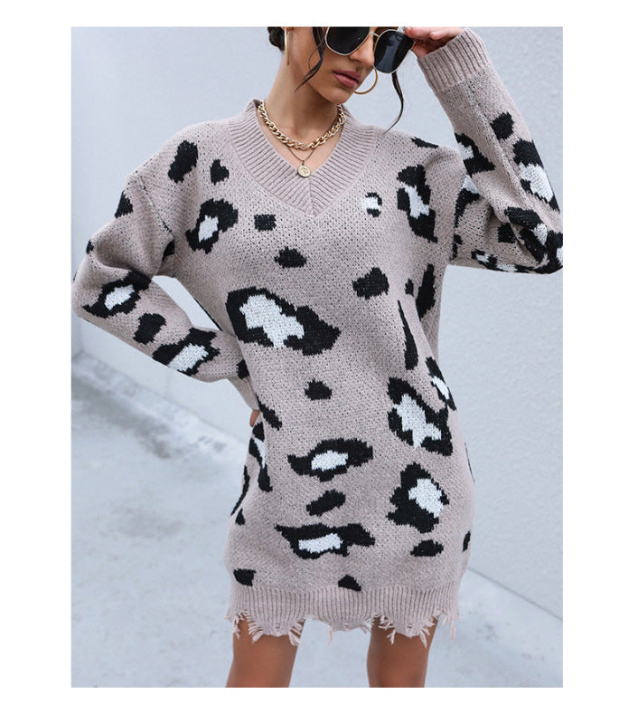 ThingsWeUseAndLove Khaki-XL Knit Long Sleeve V-Neck Shabby Leopard Sweater Dress